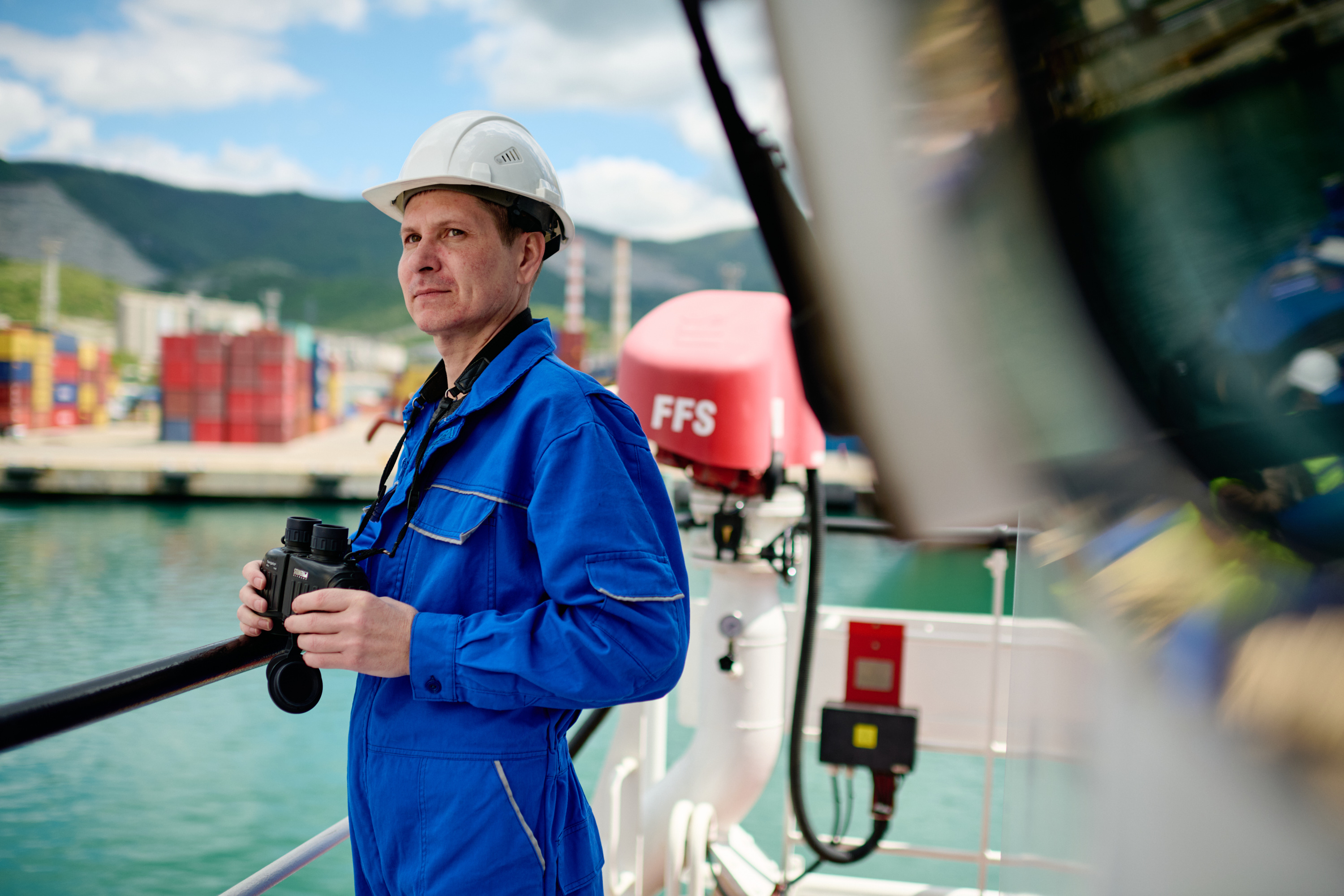 Dmitry Dergausov, captain of the tug Delovoy. Novorossiysk, Russia. For Delo Group